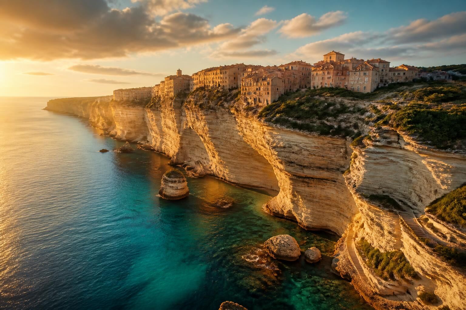 Falaises de Bonifacio au coucher du soleil dans le sud de la Corse