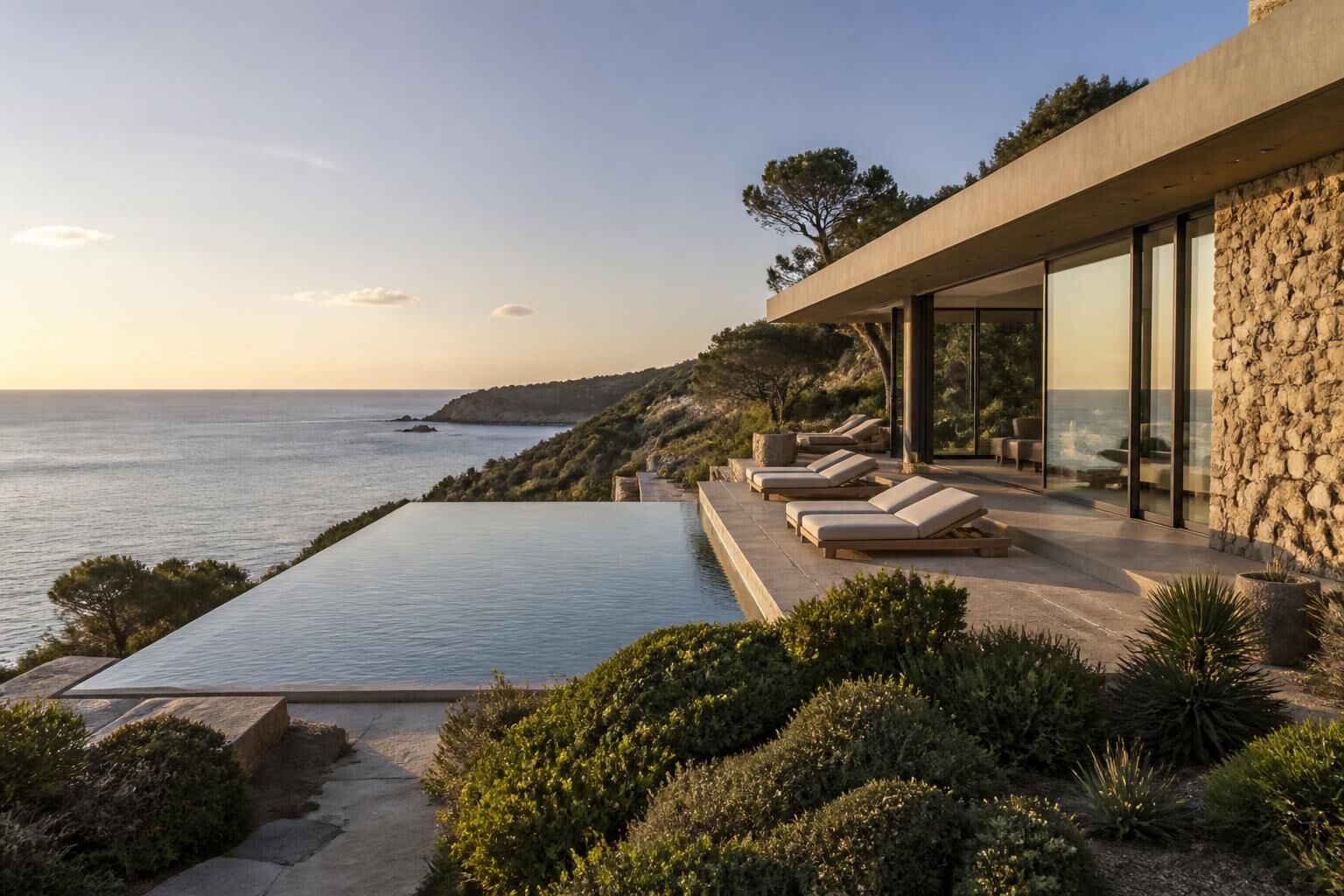 Villa de luxe en bord de falaise dominant la mer turquoise dans l'extrême sud de la Corse