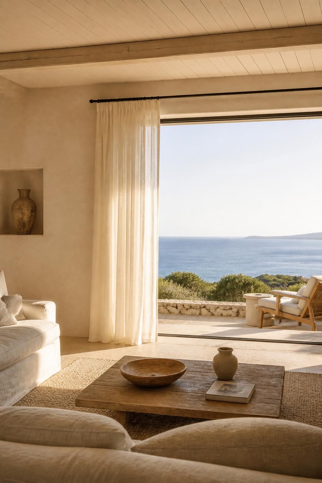 Intérieur raffiné d'une villa corse avec vue mer
